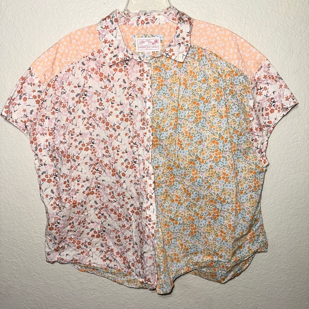 American Eagle Patchwork Floral Button Up Shirt Women L Cottagecore Boho Top